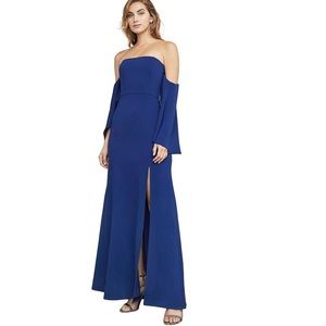 Bcbgmaxazria deep royal blue off the shoulder gown